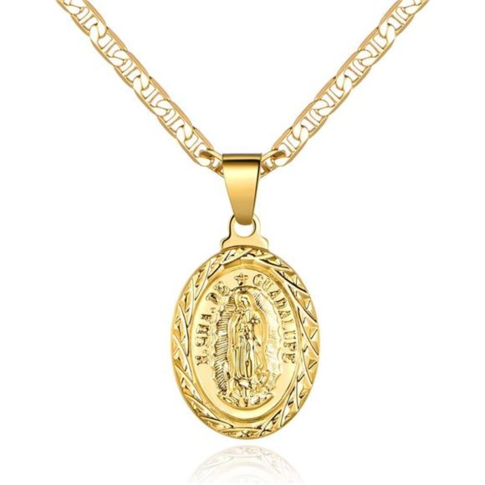 18K Gold Plated Flat Mariner/Marina 060 3MM Chain Necklace With Virgin